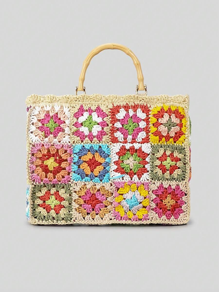 Floral Graphic Knit sale Bag, Double Handles - #126